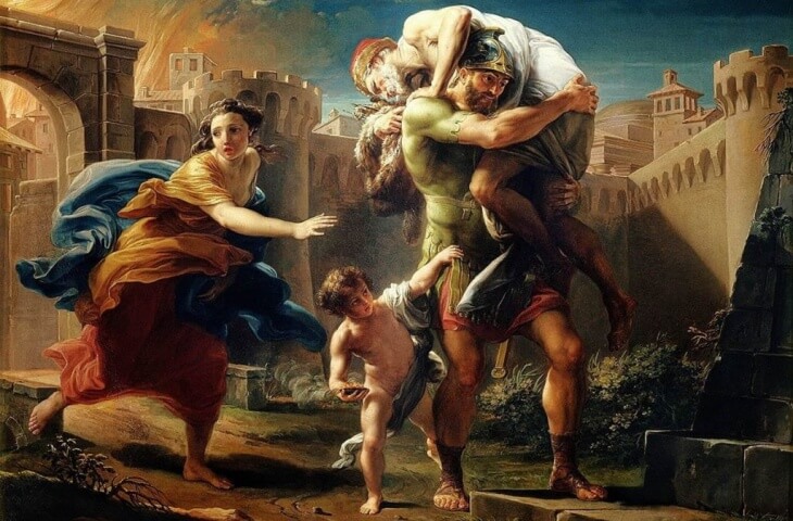 Aeneas, Troya’nın yıkımından kaçarken babası Ankhises’i sırtında taşıyor ve oğlu Askanius’un elinden tutuyor. Şehir alevler içinde yok olurken, kaderin belirlediği yolculuğuna başlıyor.
